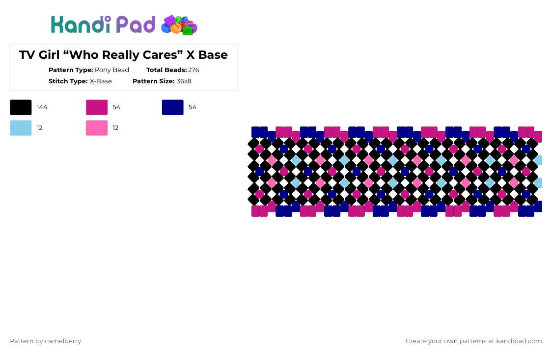 TV Girl “Who Really Cares” X Base - Pony Bead Pattern by camelberry on Kandi Pad - pink,purple,tv girl,who really cares,song about me,taking whats not yours,cigarettes out the window,loving machine,till you tell me to leave,not allowed