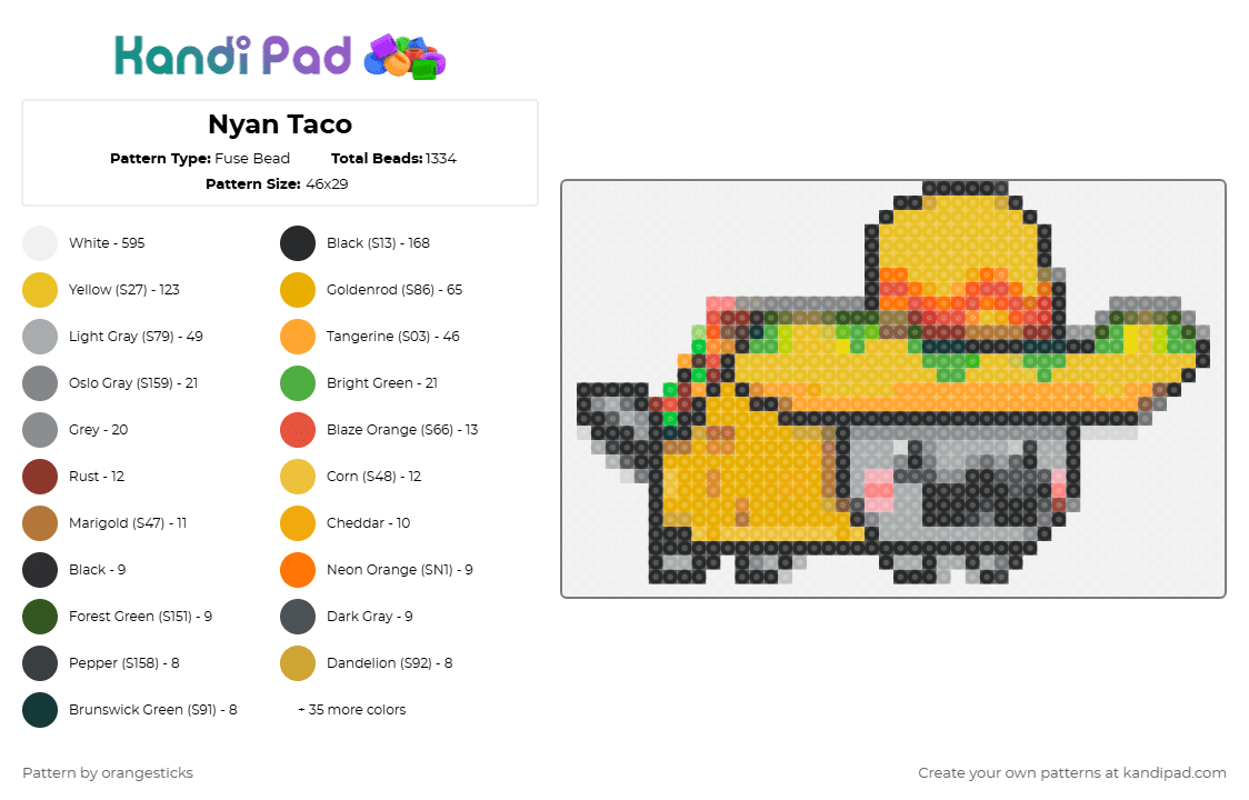Nyan Taco - Fuse Bead Pattern by orangesticks on Kandi Pad - white,orange,yellow,gray