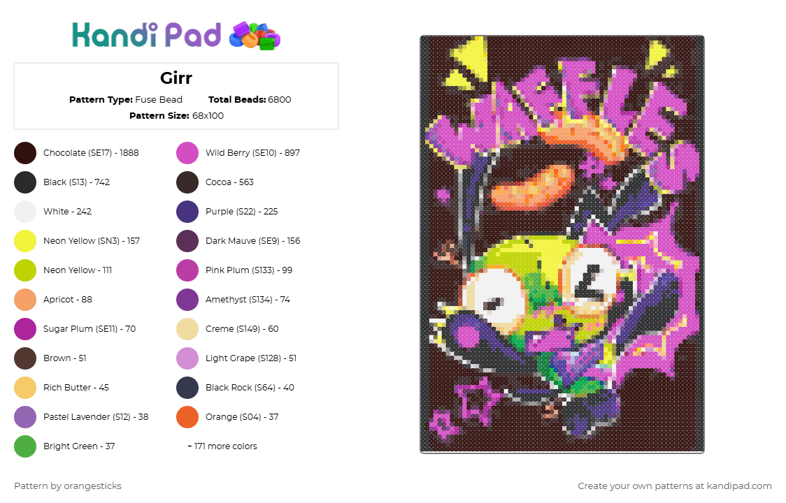 Girr - Fuse Bead Pattern by orangesticks on Kandi Pad - brown,yellow,pink,purple