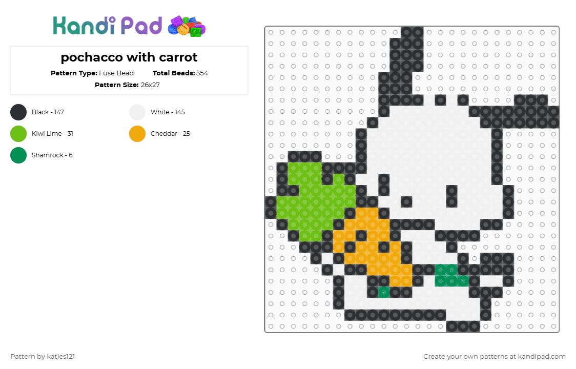 pochacco with carrot - Fuse Bead Pattern by katies121 on Kandi Pad - pochacco,animal,cartoon,dog,sanrio,carrot,white,green,orange