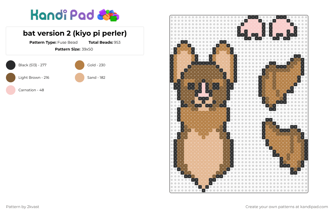 bat version 2 (kiyo pi perler) - Fuse Bead Pattern by 2kvast on Kandi Pad - creature,halloween,spooky,holiday,animal,beige,tan,bat,ragdoll