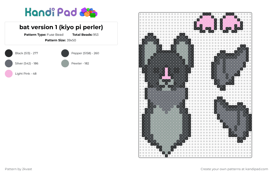 bat version 1 (kiyo pi perler) - Fuse Bead Pattern by 2kvast on Kandi Pad - creature,mammal,halloween,spooky,holiday,animal,gray,bat,ragdoll