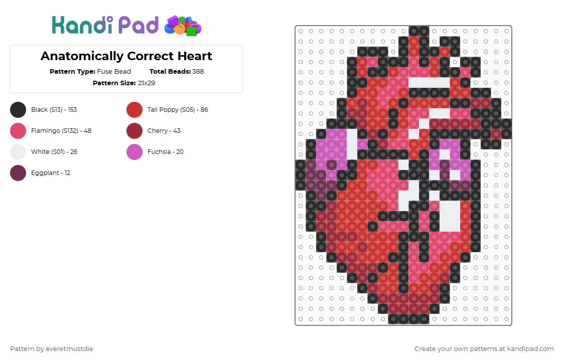 Anatomically Correct Heart - Fuse Bead Pattern by everetmustdie on Kandi Pad - red