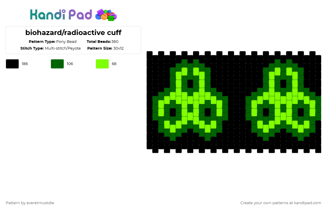 biohazard/radioactive cuff - Pony Bead Pattern by everetmustdie on Kandi Pad - green,black