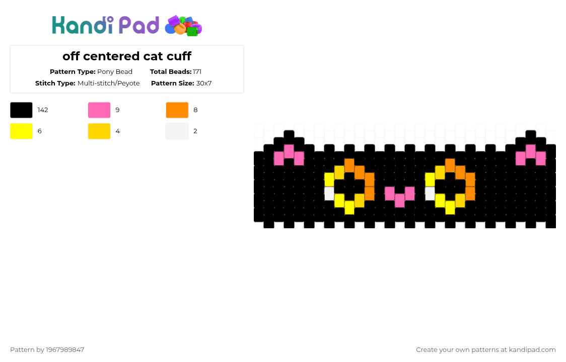off centered cat cuff - Pony Bead Pattern by 1967989847 on Kandi Pad - black,pink,yellow