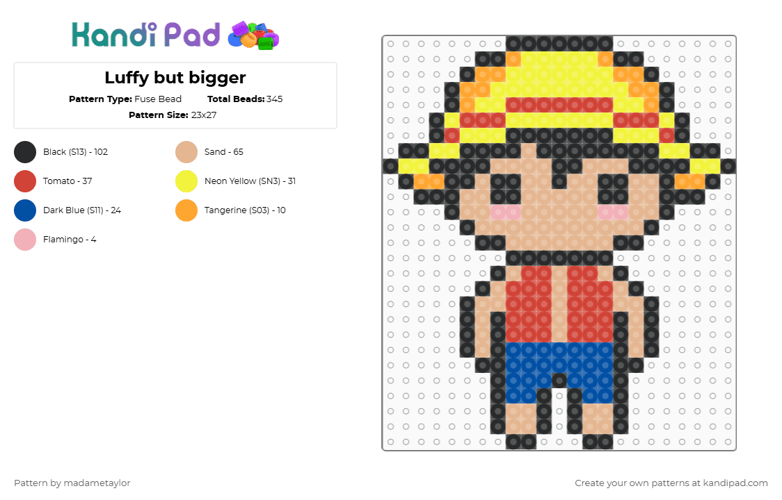 Luffy but bigger - Fuse Bead Pattern by madametaylor on Kandi Pad - monkey d luffy,character,manga,cartoon,pirate,anime,yellow,red,beige,luffy,one piece