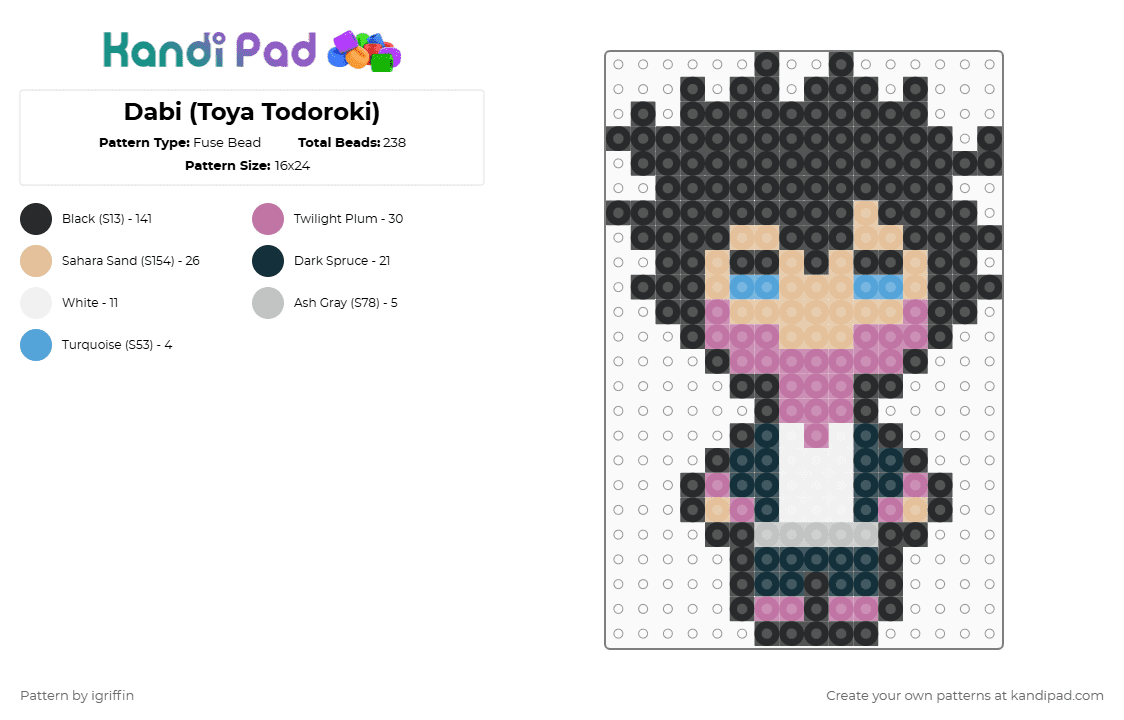 Dabi (Toya Todoroki) - Fuse Bead Pattern by igriffin on Kandi Pad - black,beige,pink