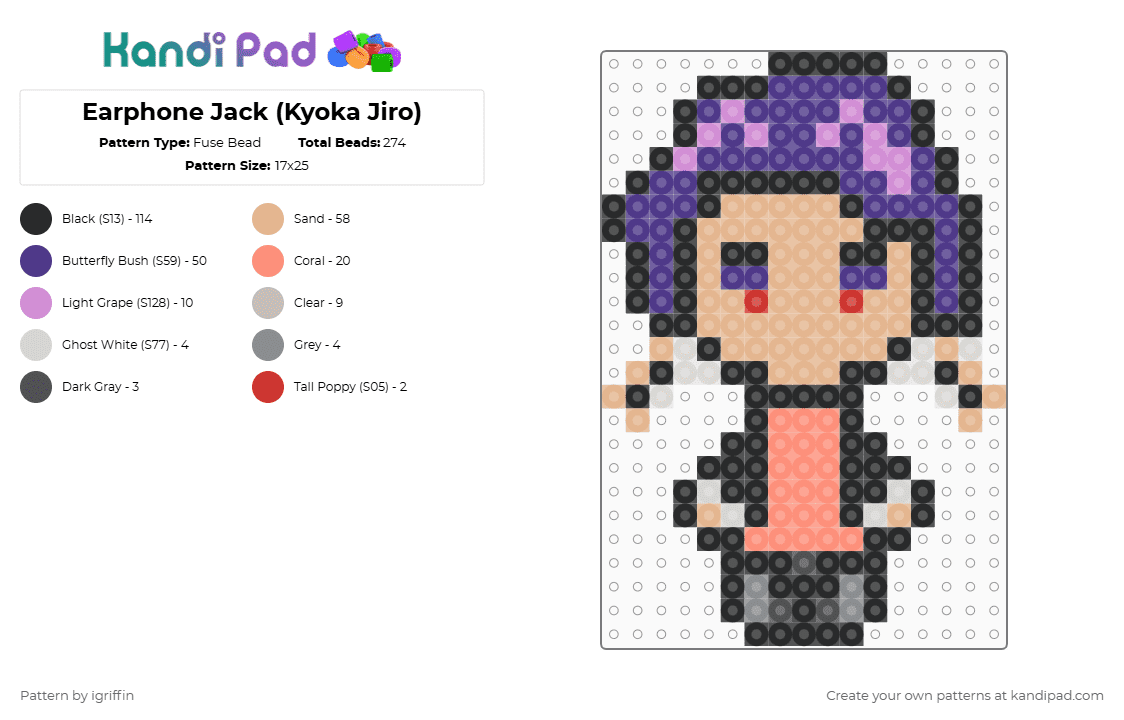 Earphone Jack (Kyoka Jiro) - Fuse Bead Pattern by igriffin on Kandi Pad - black,purple,beige