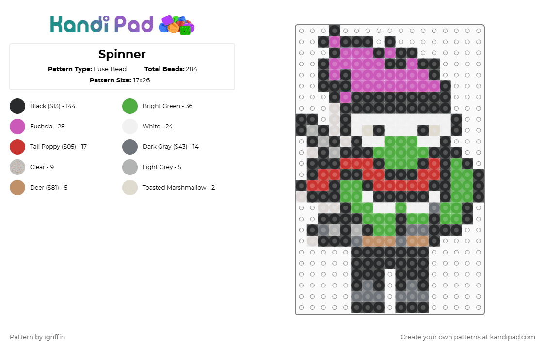 Spinner - Fuse Bead Pattern by igriffin on Kandi Pad - spinner,mha,my hero academia,character,anime,video game,hero,gaming,black,green,pink