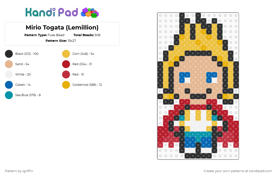 Mirio Togata (Lemillion) - Fuse Bead Pattern by igriffin on Kandi Pad - red,yellow,beige