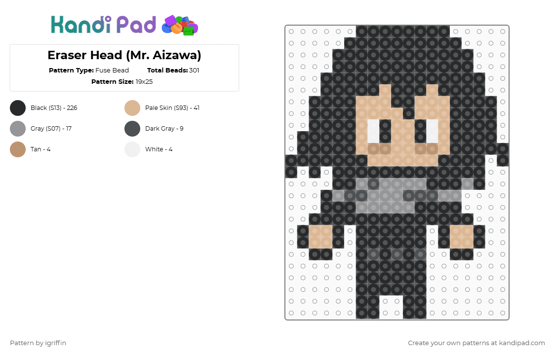 Eraser Head (Mr. Aizawa) - Fuse Bead Pattern by igriffin on Kandi Pad - black,gray,beige