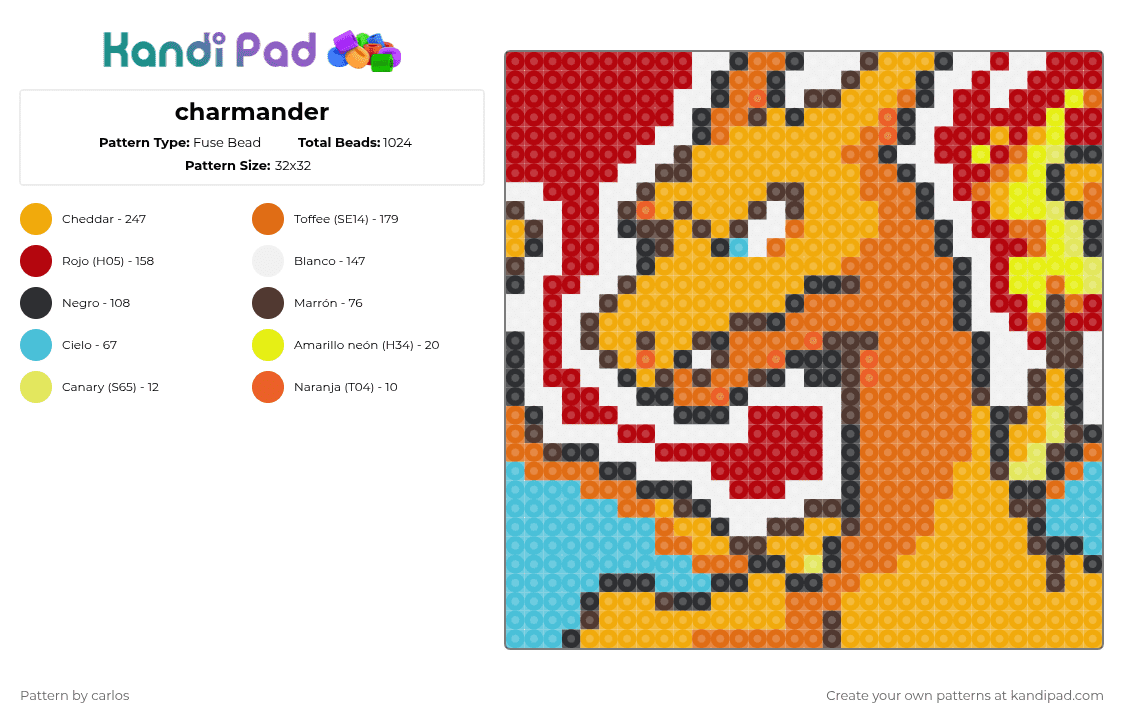 charmander - Fuse Bead Pattern by carlos on Kandi Pad - charizard,panel,portrait,fiery,creature,gaming,video game,pokemon,orange,red,charmander