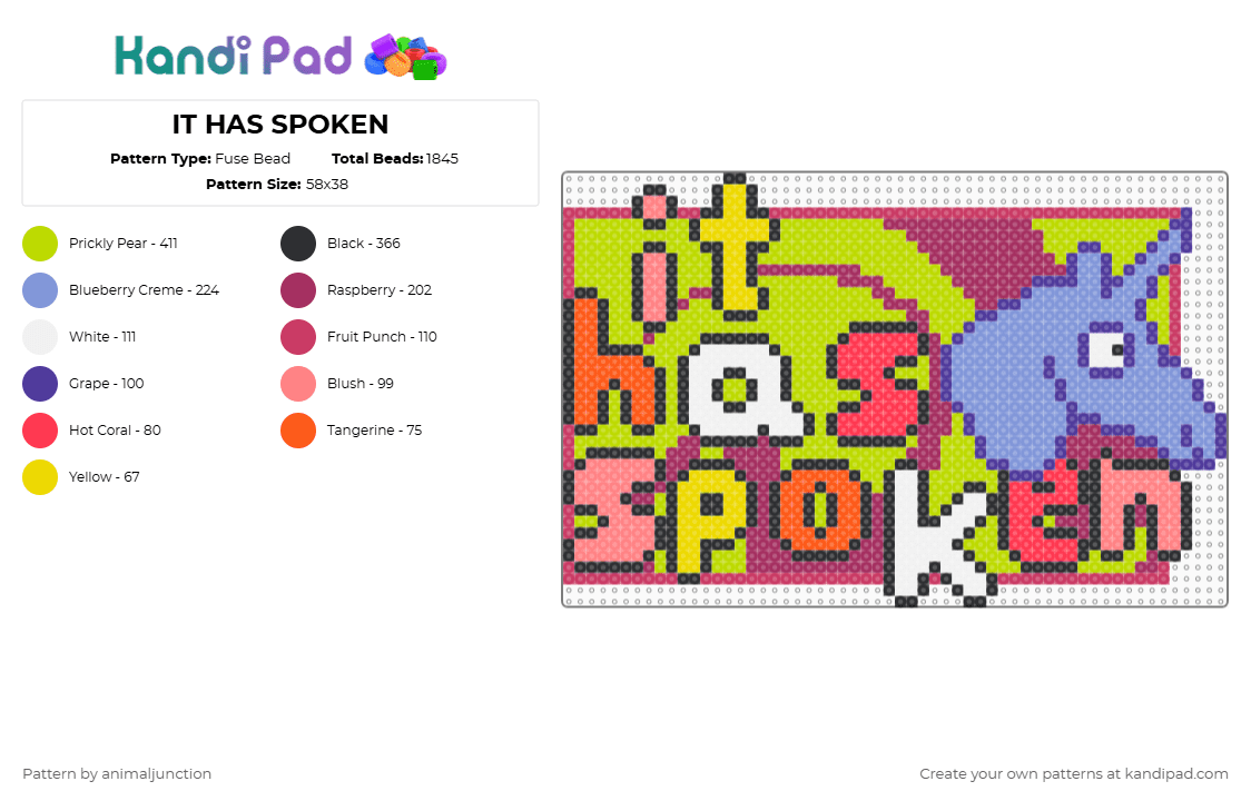 IT HAS SPOKEN - Fuse Bead Pattern by animaljunction on Kandi Pad - charlie the unicorn,sign,text,animation,psychedelic,trippy,cartoon,pink,red,light blue,green,unicorn,nostalgia