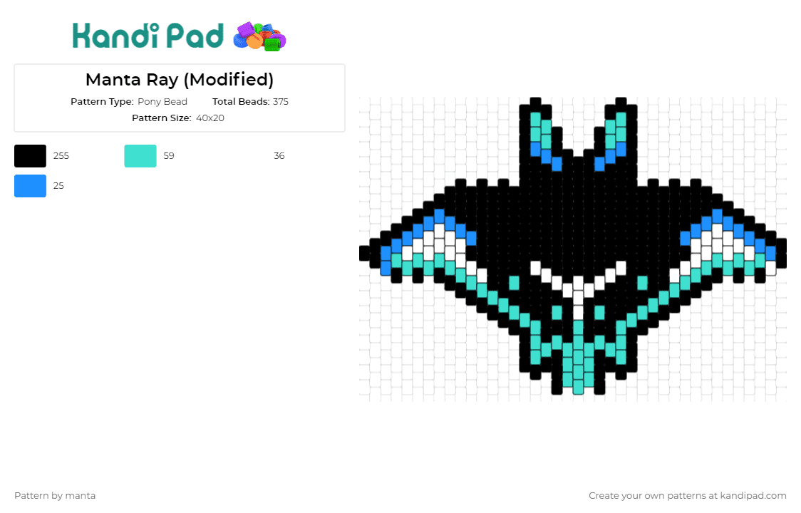 Manta Ray (Modified) - Pony Bead Pattern by manta on Kandi Pad - manta ray,sting ray,ocean,sea life,stylized,bold design,aqua,black