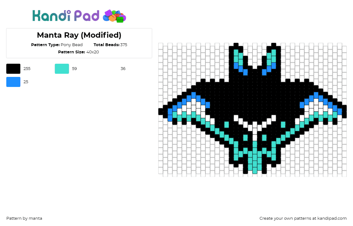 Manta Ray (Modified) - Pony Bead Pattern by manta on Kandi Pad - manta ray,sting ray,ocean,sea life,stylized,bold design,aqua,black