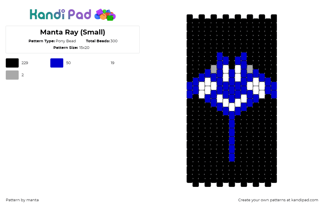 Manta Ray (Small) - Pony Bead Pattern by manta on Kandi Pad - manta ray,sting ray,ocean,sea life,aquatic,marine,sleek,stylish,blue