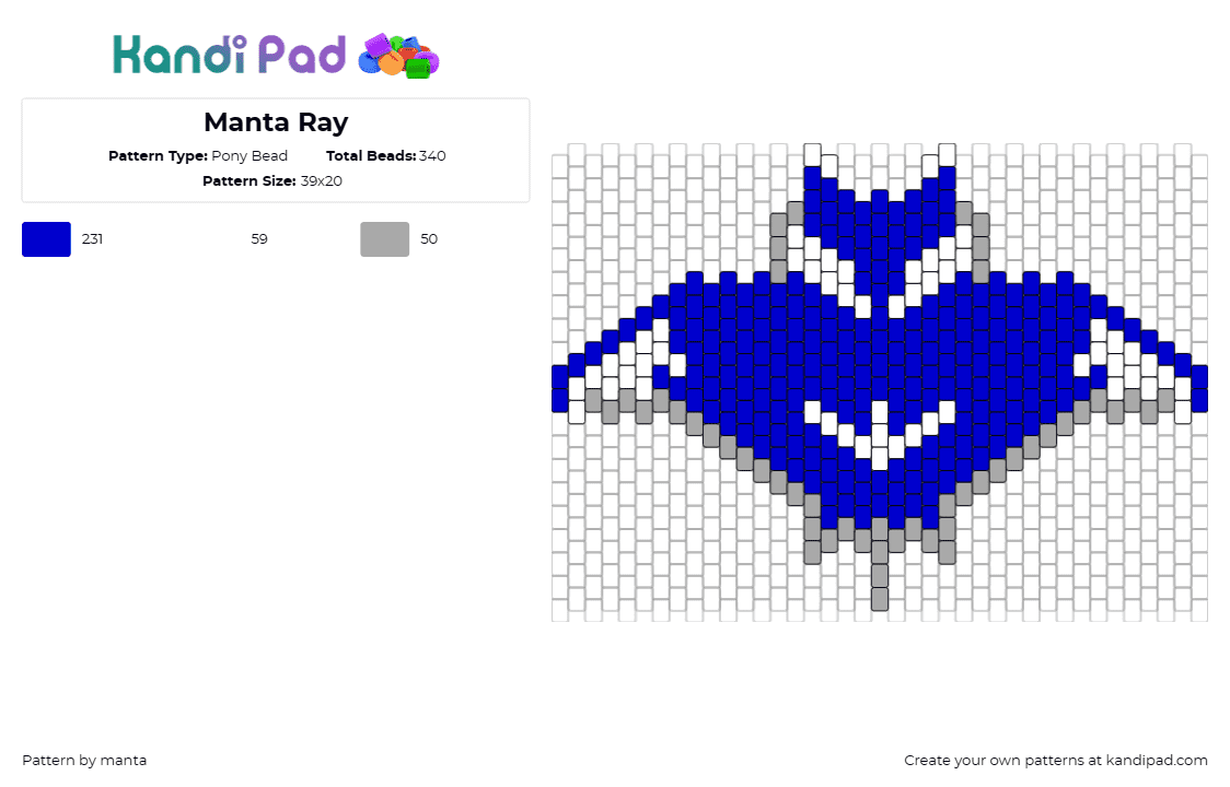 Manta Ray - Pony Bead Pattern by manta on Kandi Pad - manta ray,sting ray,marine,aquatic,majestic,blue