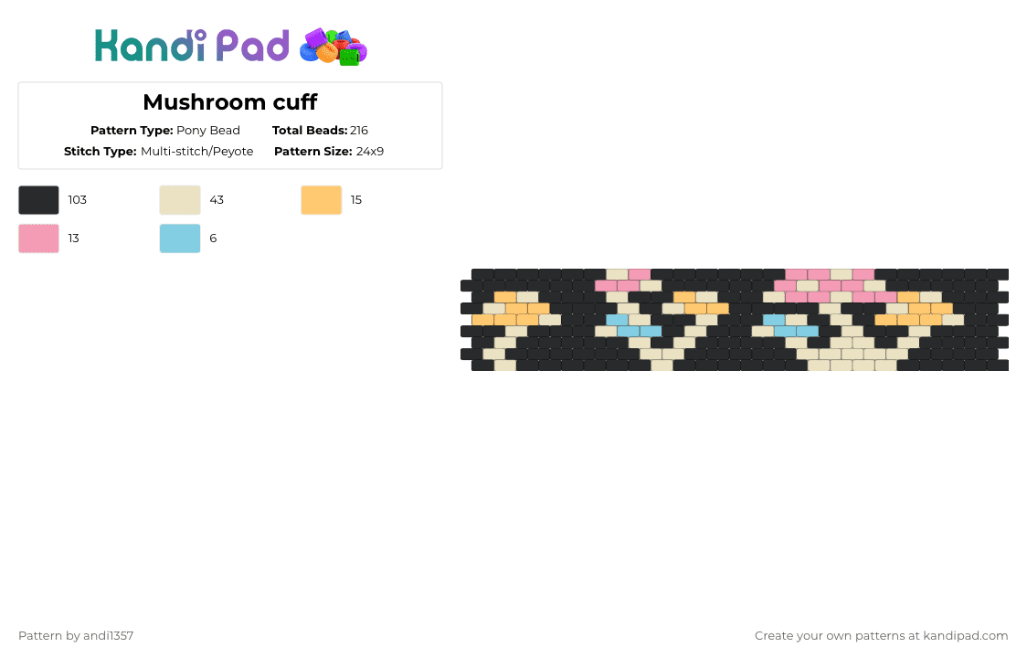 Mushroom cuff - Pony Bead Pattern by andi1357 on Kandi Pad - black,beige