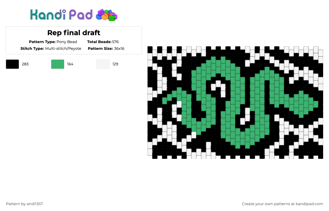 Rep final draft - Pony Bead Pattern by andi1357 on Kandi Pad - snake,reptile,animal,green,white