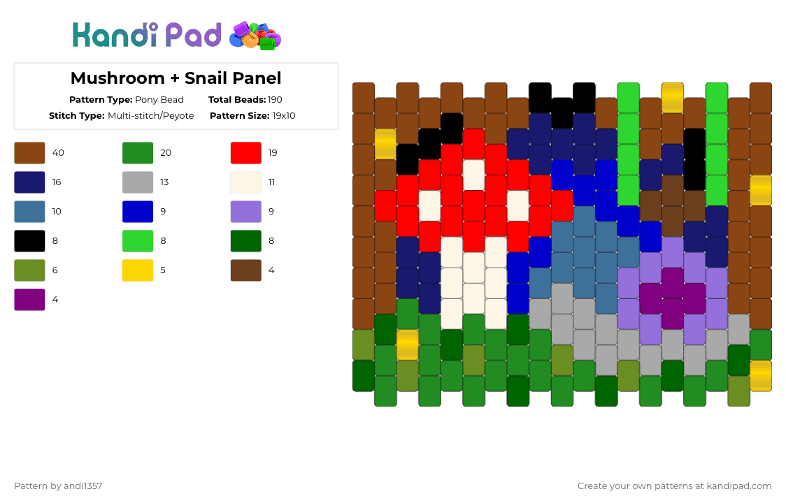Mushroom + Snail Panel - Pony Bead Pattern by andi1357 on Kandi Pad - red,green,purple