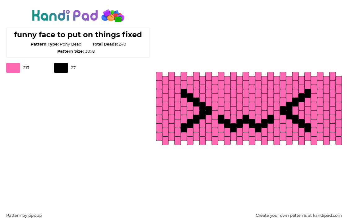 funny face to put on things fixed - Pony Bead Pattern by ppppp on Kandi Pad - emoji,face,cute,funny,kirby,pink,black,cuff