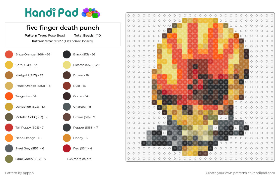 five finger death punch - Fuse Bead Pattern by ppppp on Kandi Pad - ffdp,five finger death punch,skull,metal,band,music,orange