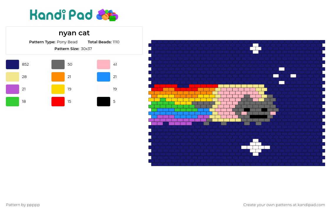 nyan cat - Pony Bead Pattern by ppppp on Kandi Pad - nyan cat,meme,pop tart,rainbow,flying,space,sky,blue