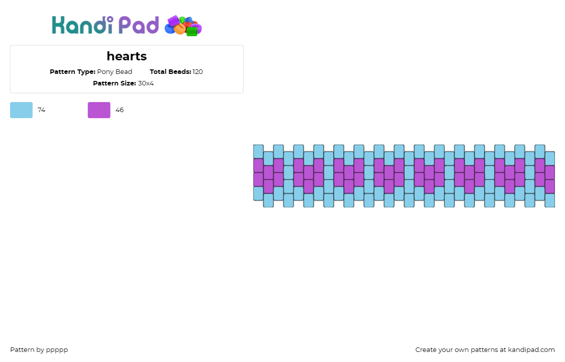 hearts - Pony Bead Pattern by ppppp on Kandi Pad - hearts,repeating,cuff,love,affection,purple,blue