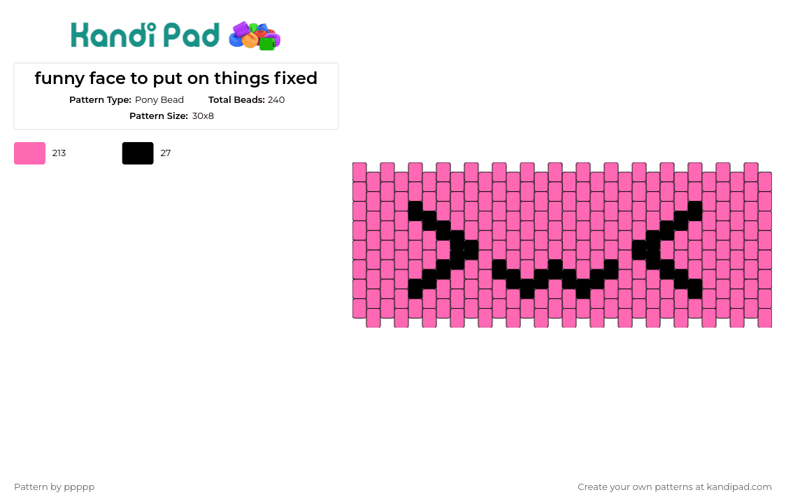 funny face to put on things fixed - Pony Bead Pattern by ppppp on Kandi Pad - emoji,face,cute,funny,kirby,pink,black,cuff