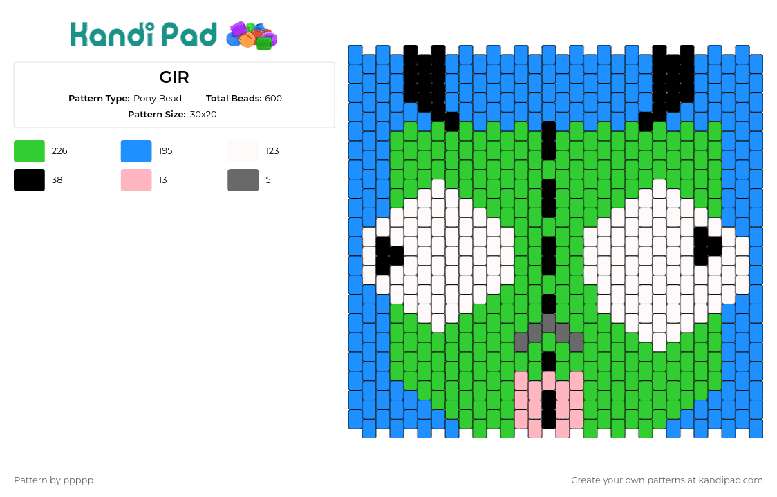 GIR - Pony Bead Pattern by ppppp on Kandi Pad - gir,invader zim,robot,alien,dog,funny,cartoon,character,panel,green,light blue,white