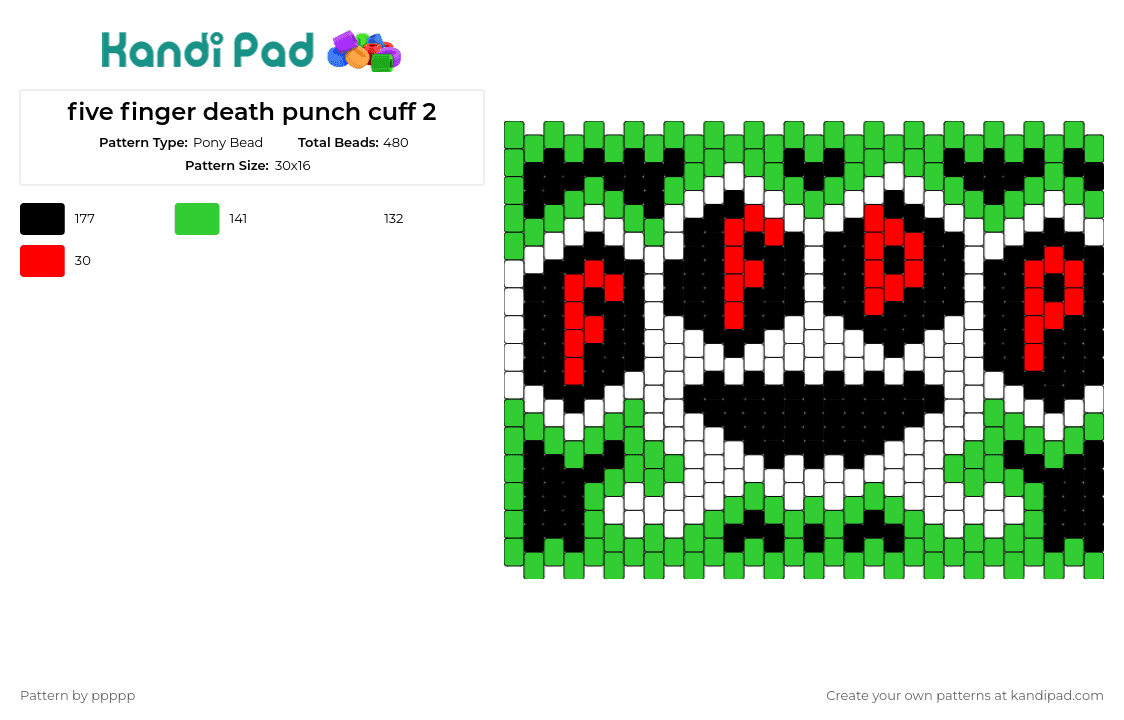 five finger death punch cuff 2 - Pony Bead Pattern by ppppp on Kandi Pad - ffdp,five finger death punch,brass knuckles,text,metal,band,music,cuff,red,white,green