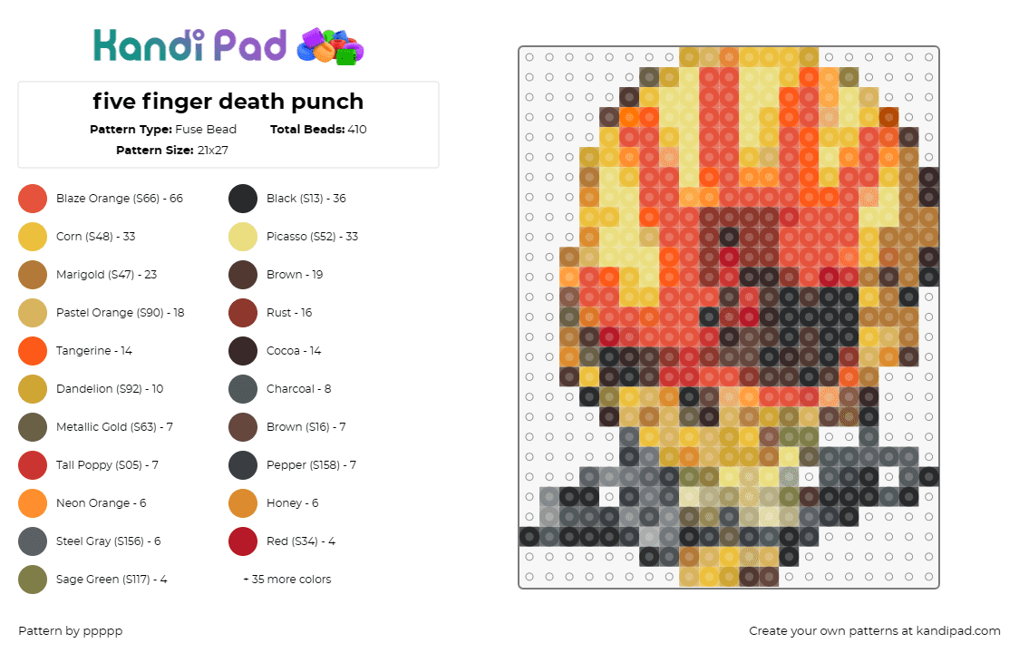 five finger death punch - Fuse Bead Pattern by ppppp on Kandi Pad - ffdp,five finger death punch,skull,metal,band,music,orange