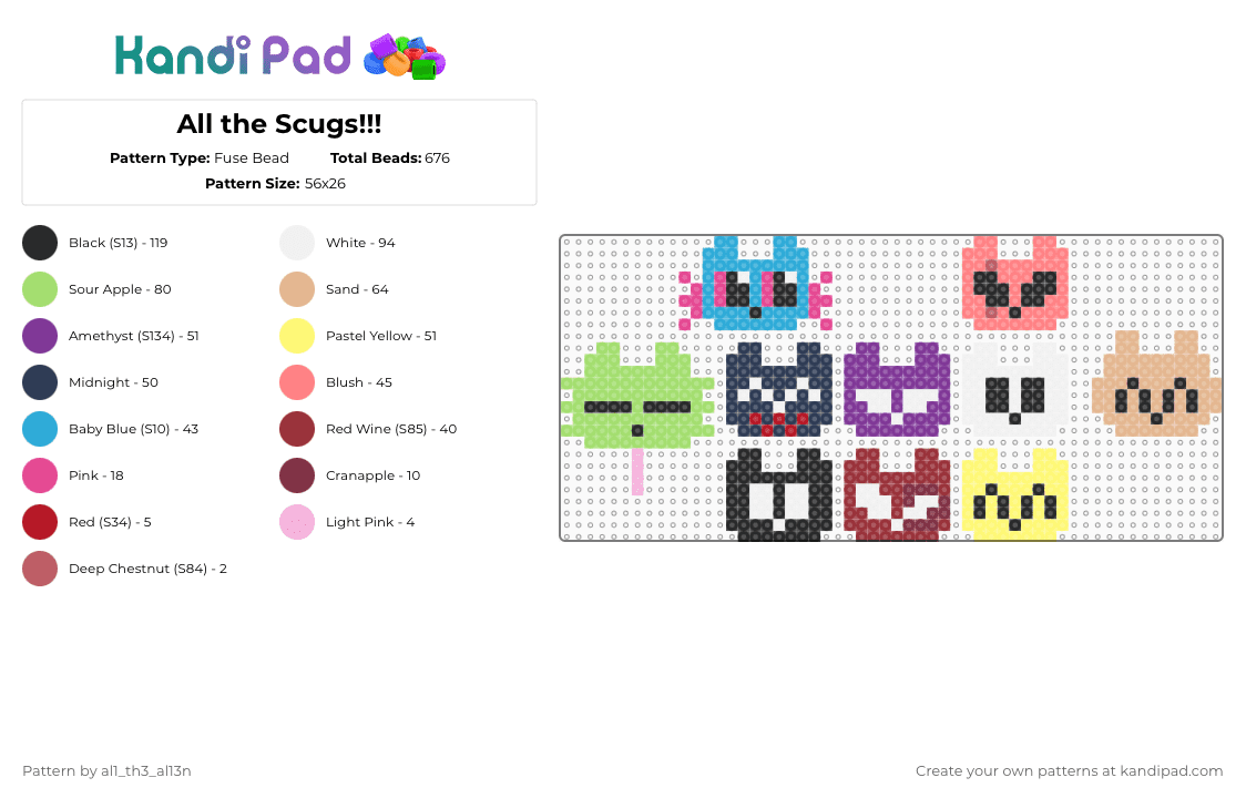 All the Scugs!!! - Fuse Bead Pattern by al1_th3_al13n on Kandi Pad - red,yellow,beige,colorful,rain world,slugcat,slugcats