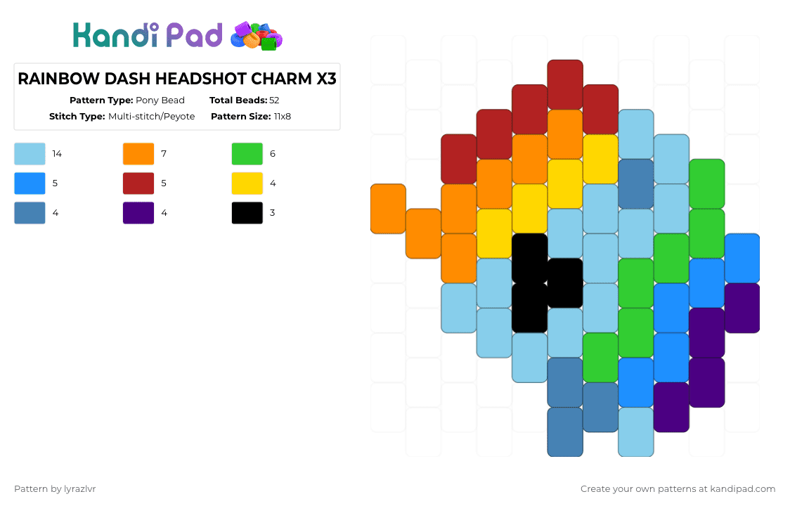 RAINBOW DASH HEADSHOT CHARM X3 - Pony Bead Pattern by lyrazlvr on Kandi Pad - light blue,orange,my little pony,rainbow dash,charm,keychain,easy,pony,rainbow,beginner