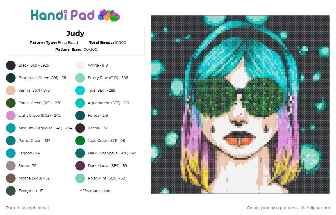 Judy - Fuse Bead Pattern by orpheemax on Kandi Pad - black,teal,light blue,beige,gold,colorful,judy,stoned