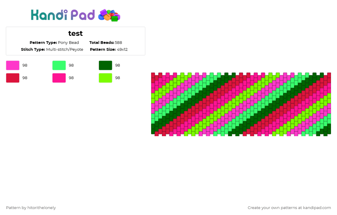 test - Pony Bead Pattern by hitorithelonely on Kandi Pad - stripes,diagonal,cuff,neon,pink,green
