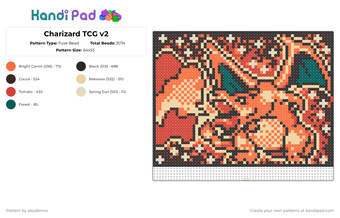 Charizard TCG v2 - Fuse Bead Pattern by akadennis on Kandi Pad - charizard,pokemon,panel,fiery,tapestry,trading cards,fire,dragon,gaming,video game,brown,beige,orange