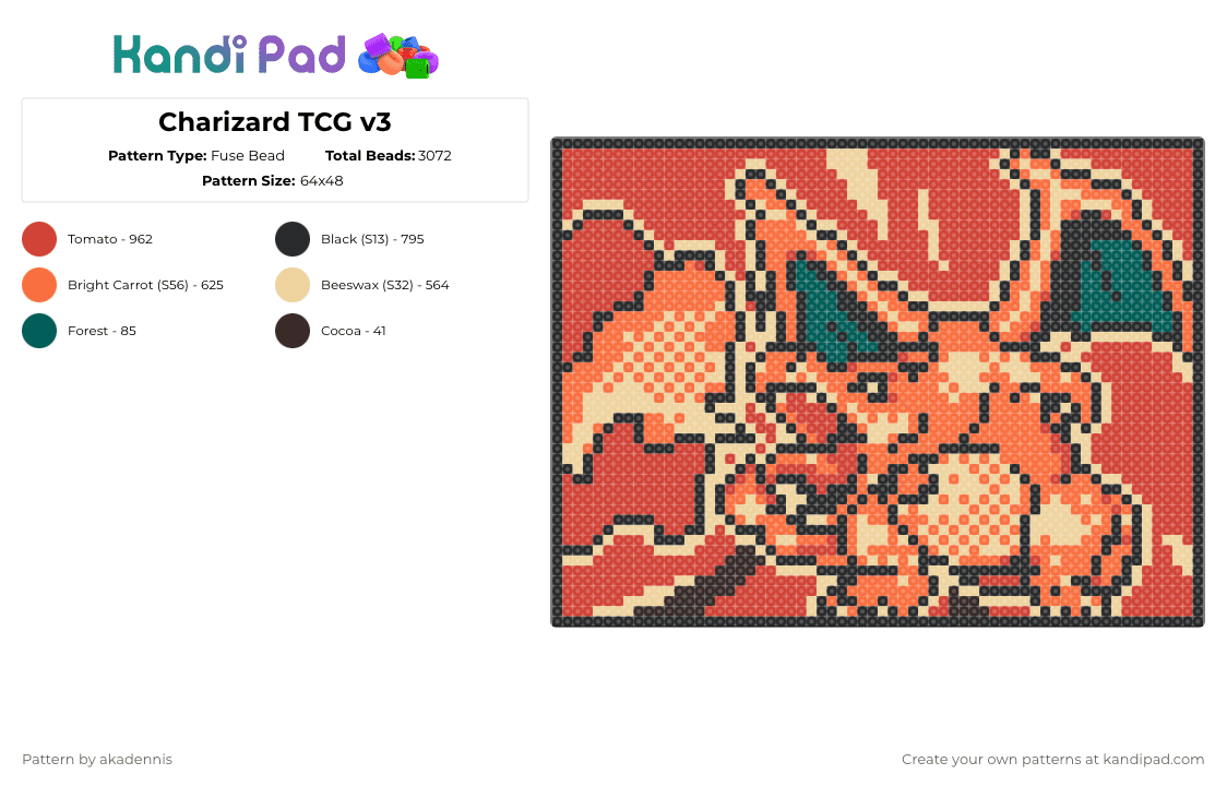 Charizard TCG v3 - Fuse Bead Pattern by akadennis on Kandi Pad - red,beige,orange