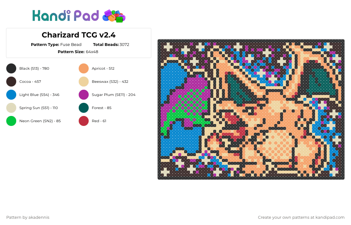 Charizard TCG v2.4 - Fuse Bead Pattern by akadennis on Kandi Pad - brown,beige,blue,orange