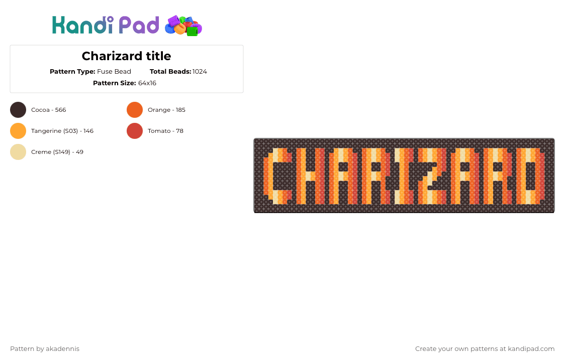 Charizard title - Fuse Bead Pattern by akadennis on Kandi Pad - charizard,sign,text,pokemon,fire,dragon,video game,anime,gaming,brown,orange