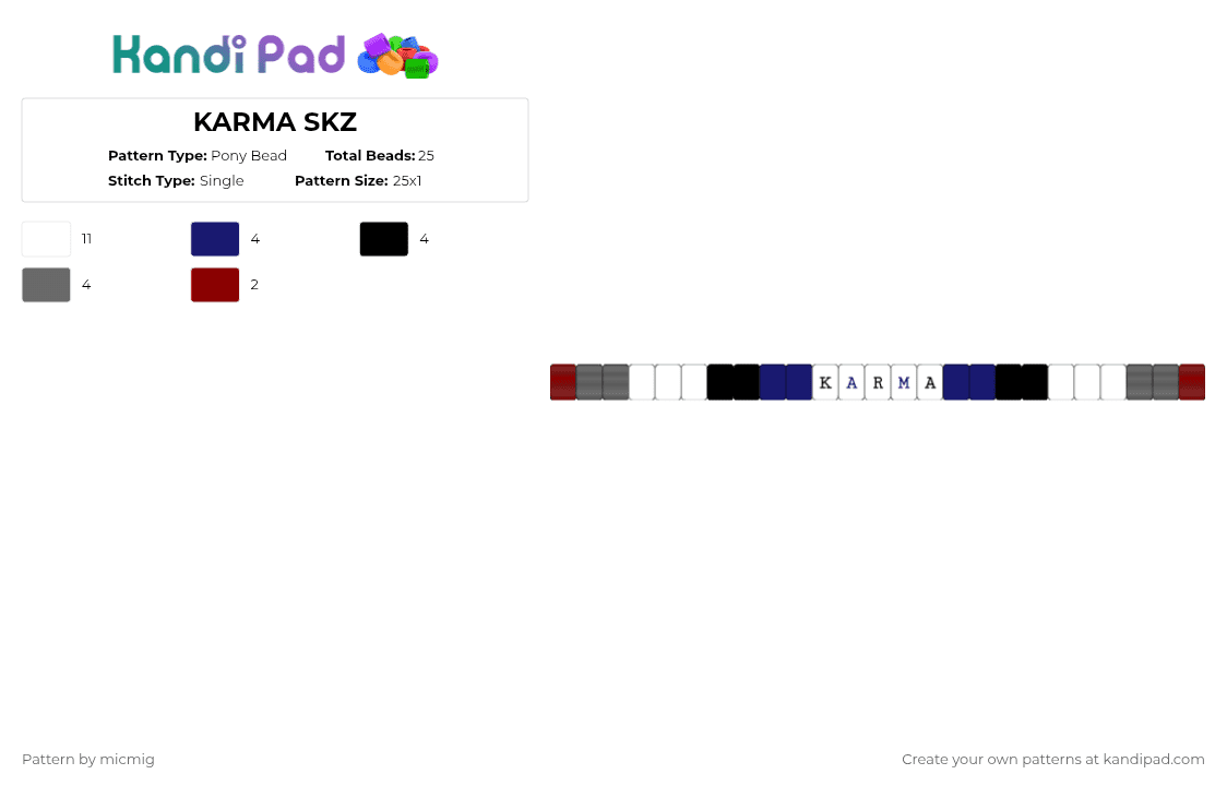 KARMA SKZ - Pony Bead Pattern by mic_straykids_illit on Kandi Pad - white,purple,gray