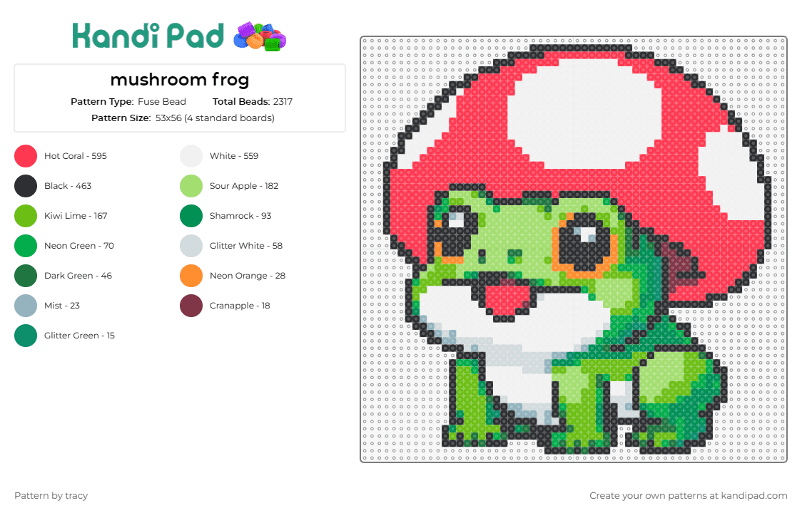 mushroom frog - Fuse Bead Pattern by tracy on Kandi Pad - frog,mushroom,amphibian,fungus,mashup,cute,animal,whimsy,unique,red,green
