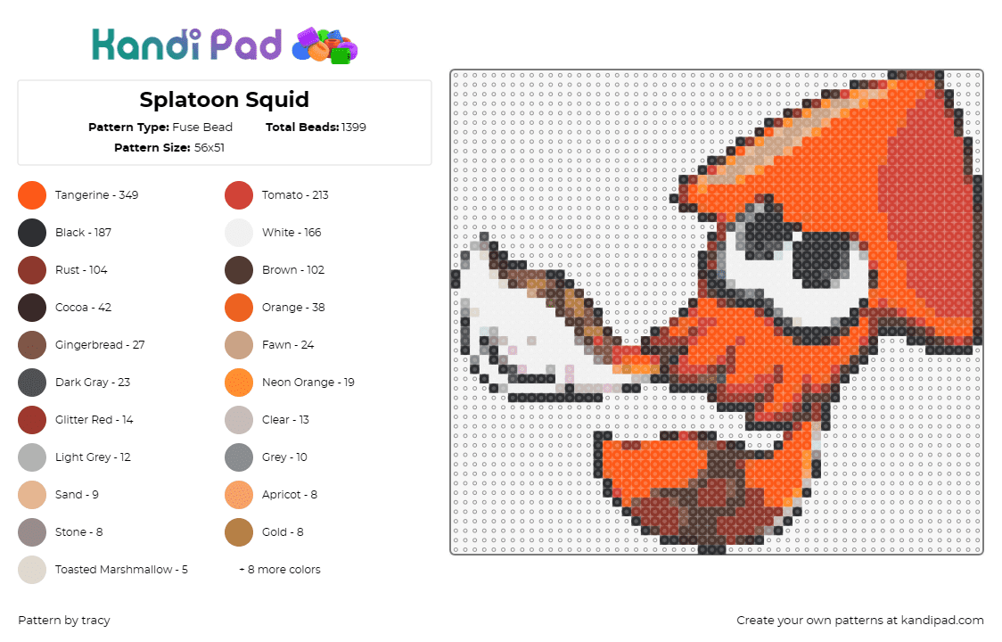 Splatoon Squid - Fuse Bead Pattern by tracy on Kandi Pad - squid,splatoon,video game,orange,inkling,gaming,shooter,character,underwater,pla