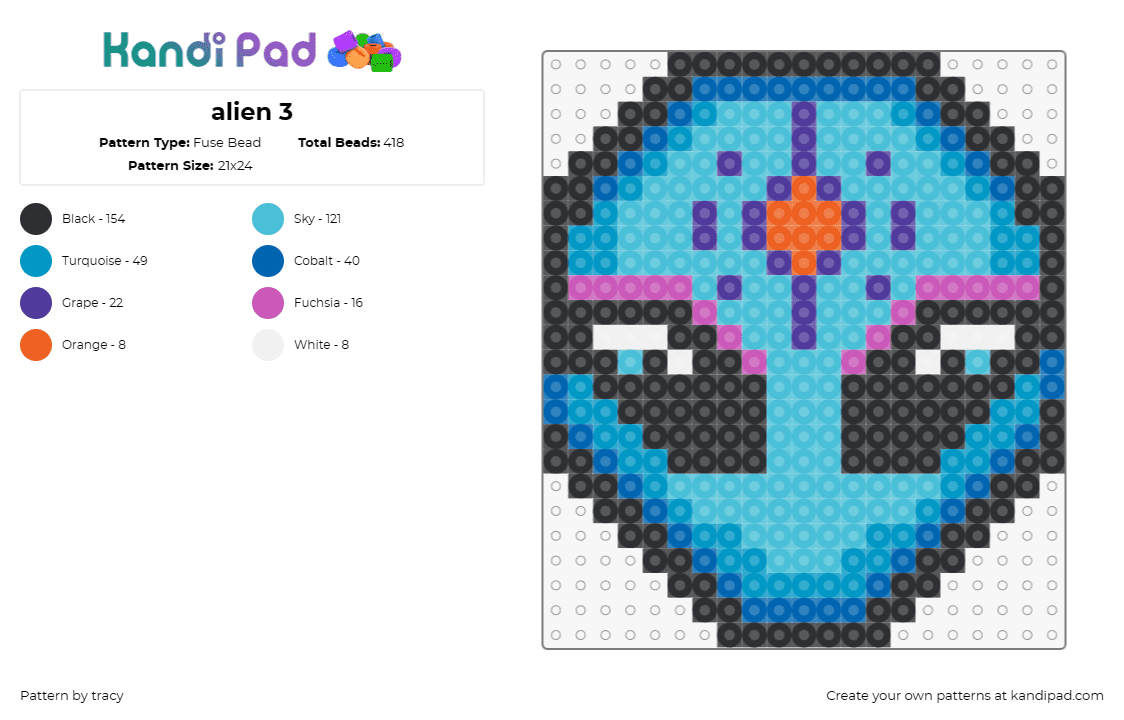 alien 3 - Fuse Bead Pattern by tracy on Kandi Pad - alien,extraterrestrial,space,psychedelic,blue