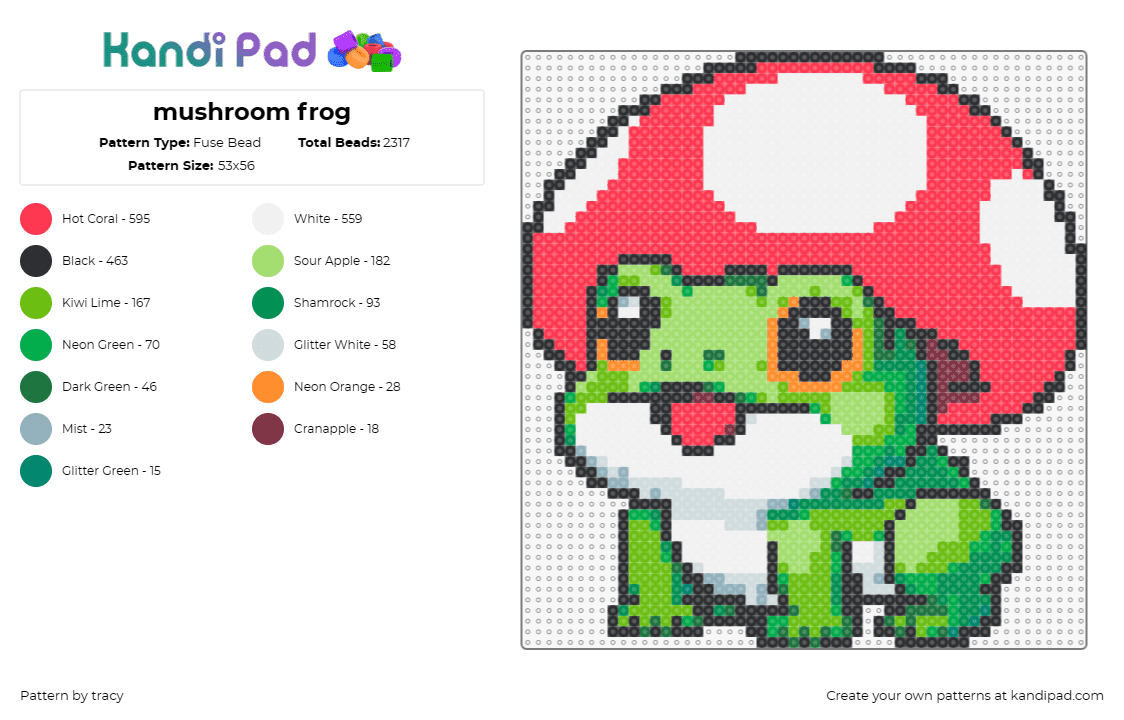 mushroom frog - Fuse Bead Pattern by tracy on Kandi Pad - frog,mushroom,amphibian,fungus,mashup,cute,animal,red,green