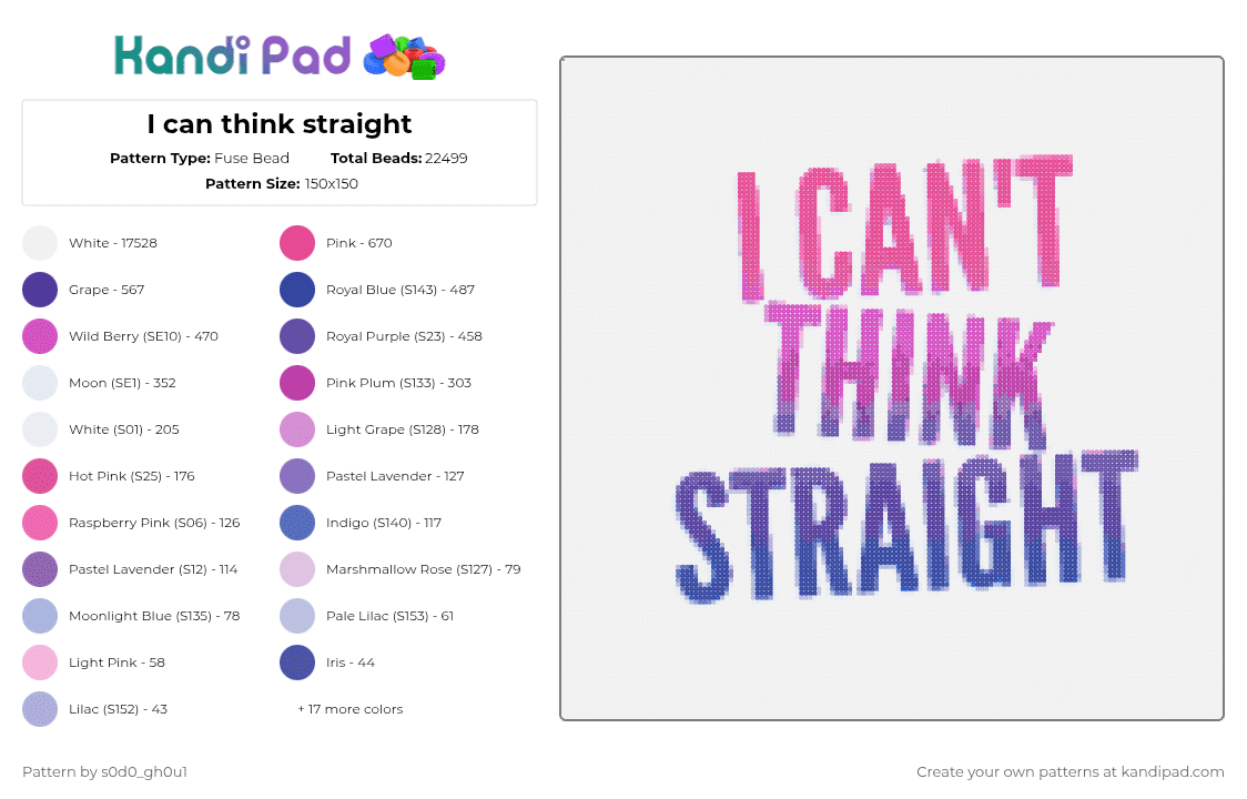 I can think straight - Fuse Bead Pattern by s0d0_gh0u1 on Kandi Pad - white,pink,purple