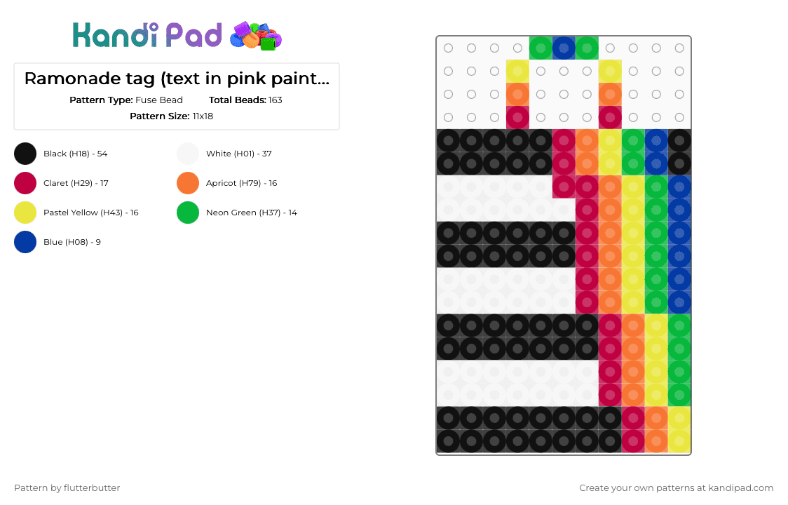 Ramonade tag (text in pink paint pen) - Fuse Bead Pattern by glisten_nexus on Kandi Pad - red,orange,yellow,green,ramonade,rainbow,stripy,tag