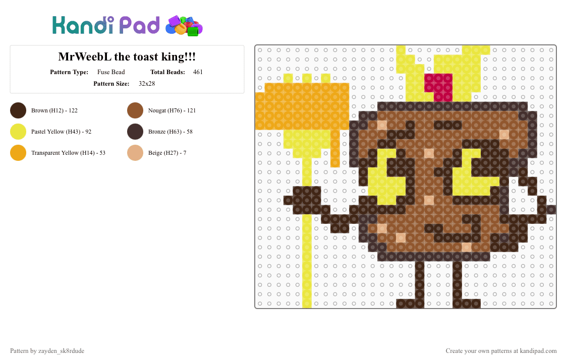 MrWeebL the toast king!!! - Fuse Bead Pattern by glisten_nexus on Kandi Pad - yellow,brown,tan,mrweebl,toast,moon,on the moon,bread