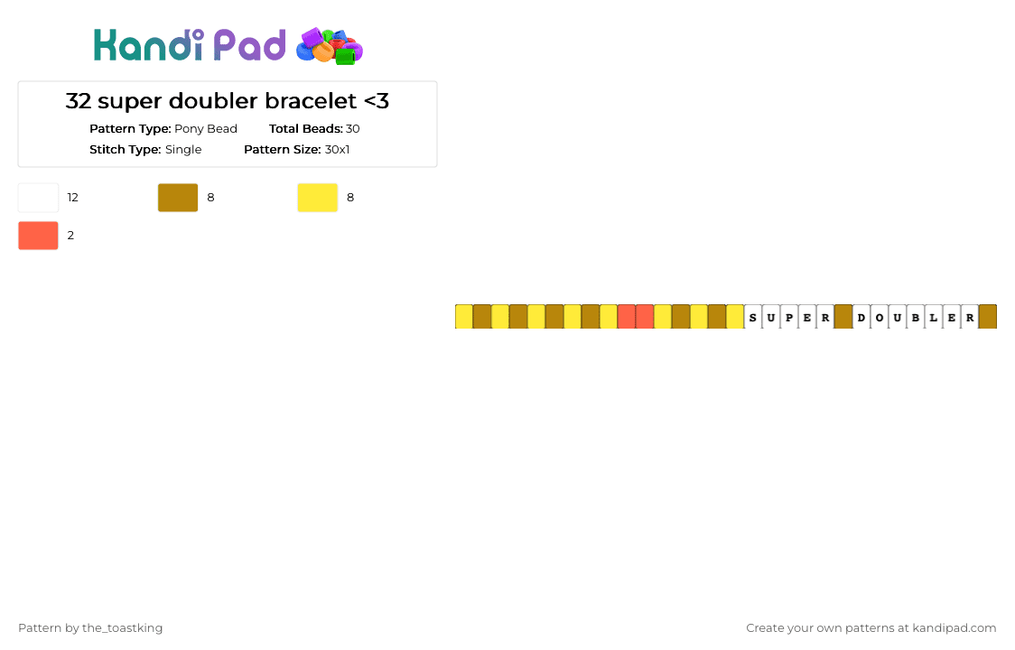 32 super doubler bracelet - Pony Bead Pattern by glisten_nexus on Kandi Pad - gold,yellow,numberblocks,32,orange,tellow,double,super,super doubler