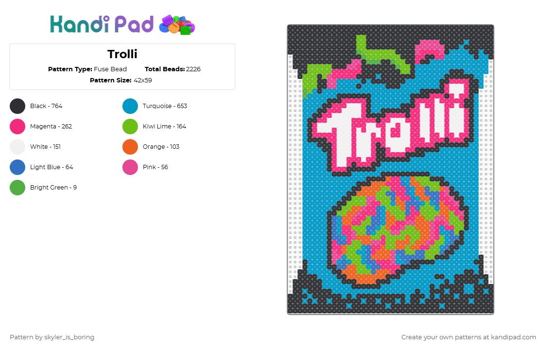 Trolli - Fuse Bead Pattern by skyler_is_boring on Kandi Pad - trolli,gummy worms,candy,food,pink,light blue
